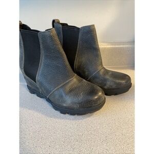 Sorel Joan Of Arctic Wedge II Chelsea Ankle Boot Dark Gray Leather Womens Size 6